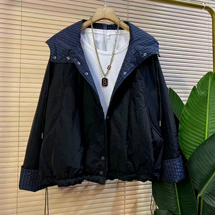 女装 大码 格子拼接抽绳夹棉外套胖妹妹洋气宽松棉服外衣潮 新款 冬季