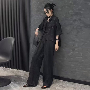女装 套装 2024夏新款 阔腿裤 胖mm宽松洋气显瘦上衣暗花醋酸衬衫 大码