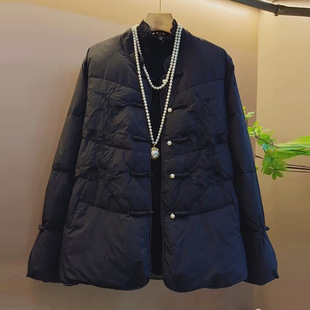 新款 胖妹妹百搭棉外衣打底衫 新中式 女装 盘扣提花棉服外套大码 冬季