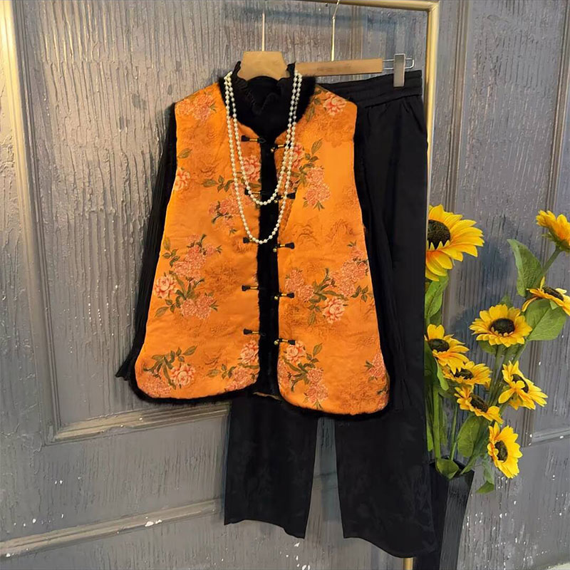 夹棉保暖马甲打底上衣加绒阔腿裤