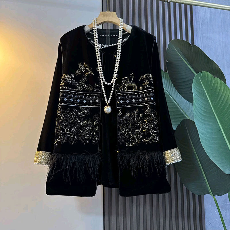 秋丝绒钉珠绣花拼接马甲上衣大码