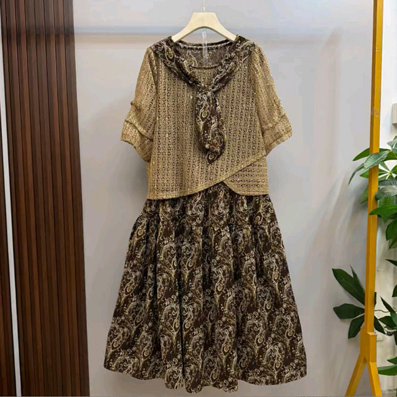 欧货温柔风领结针织外套碎花连衣裙气质套装胖妹妹新款大码女装潮