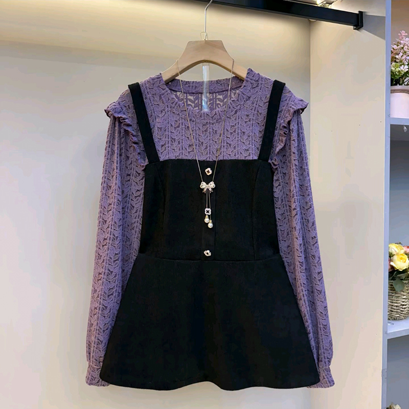 欧货假两件蕾丝拼接显瘦女人衫爆