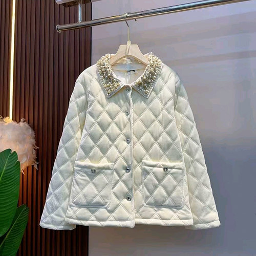 新款重工钉珠小香风丝绒棉服外套