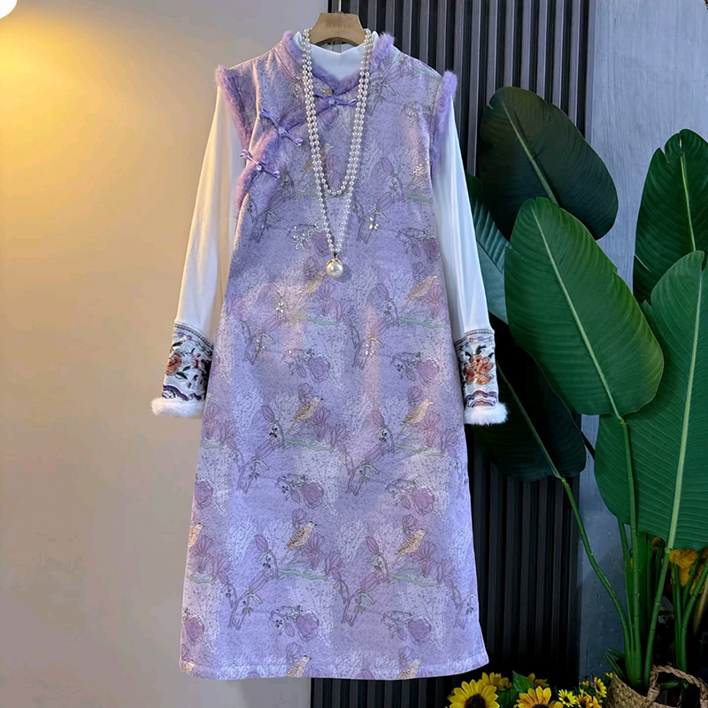 新中式复古烫金加绒马甲裙打底衫