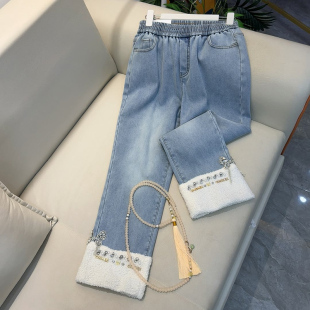 复古拼接羊羔毛亮钻加绒牛仔裤 时尚 大码 女装 子女 秋冬季 胖mm裤 新款