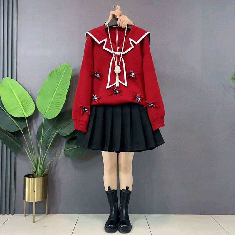 2026春季新款韩版立体小马海军领毛衣上衣大码女装胖mm洋气百褶裙,女装/女士精品,大码内搭,淘宝优惠券,粉丝福利购,淘宝优惠卷