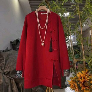 胖妹妹大码 开叉设计小衫 女装 盘扣流苏拼袖 简约气质上衣 新中式 新款