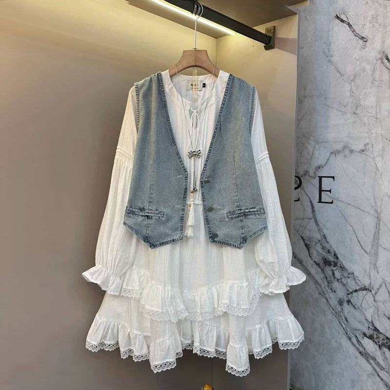 2026春季减龄新款大码女装欧货休闲牛仔马甲蕾丝拼接连衣裙两件套
