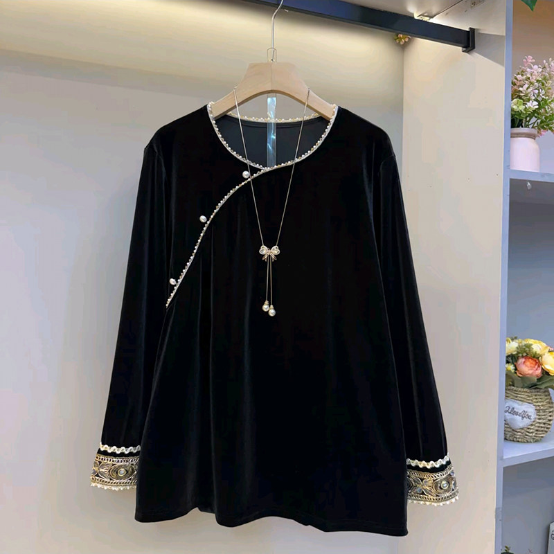 胖mm大码女装春季2026新款欧货精致钉珠复古风圆领舒适百搭丝绒衫,女装/女士精品,大码内搭,淘宝优惠券,粉丝福利购,淘宝优惠卷