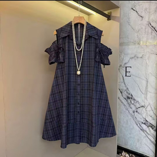 连衣裙新 欧货洋气条纹翻领印花露肩木耳抽褶袖 子减龄时尚 大码 衬衫