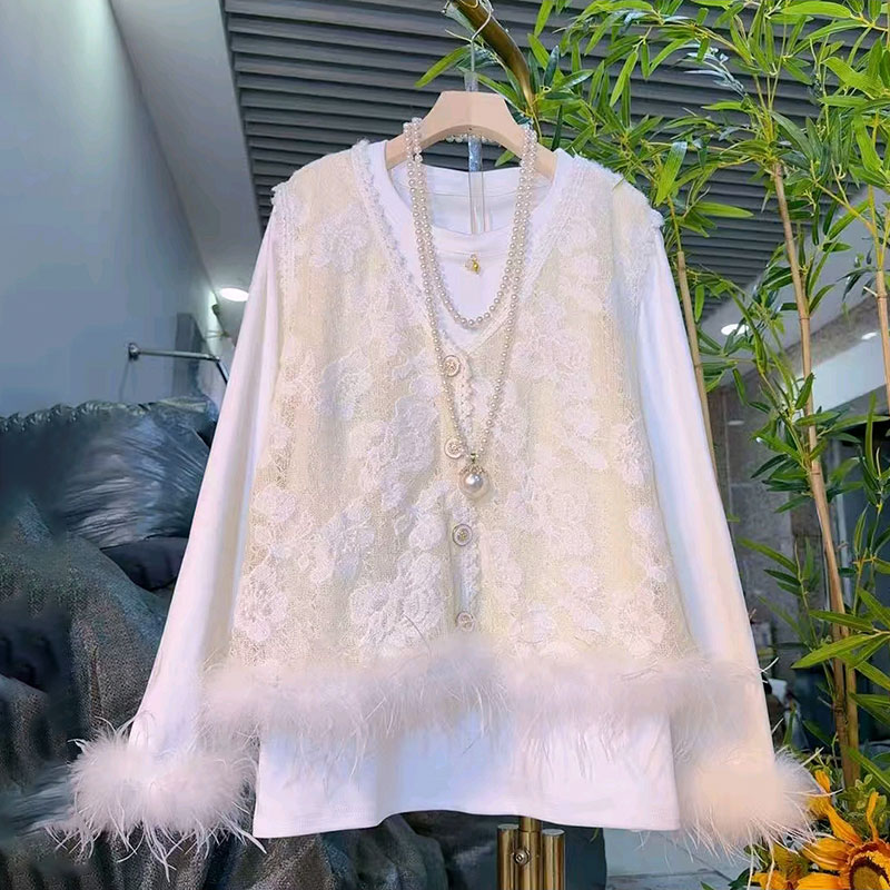 大码女装遮肉显瘦马甲打底衫套装