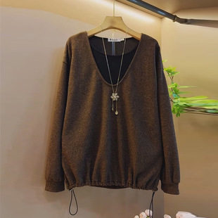 时尚 设计感轻熟风拼接假两件抽绳长袖 女装 胖妹妹大码 显瘦上衣 衬衫