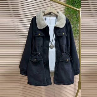 减龄加绒加厚抽绳收腰牛仔外套保暖休闲大衣潮 欧货时尚 秋冬季 新款