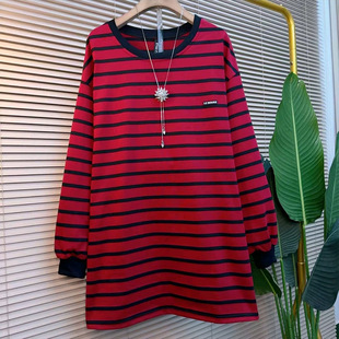 胖妹妹时尚 女装 条纹开叉设计长袖 大码 慵懒风百搭上衣 大衫 2025新款