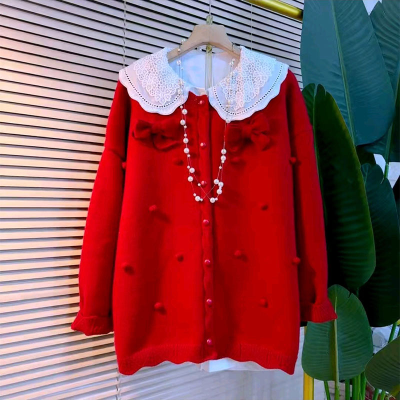 新款娃娃领百搭衬衫蝴蝶结毛衣