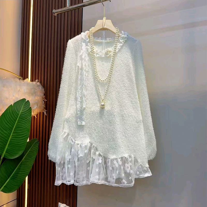 立体花飘带蕾丝拼接上衣