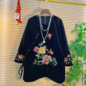 复古斜襟系绳刺绣花朵中长款 胖mm大码 开衫 新中式 上衣春季 新款 女装