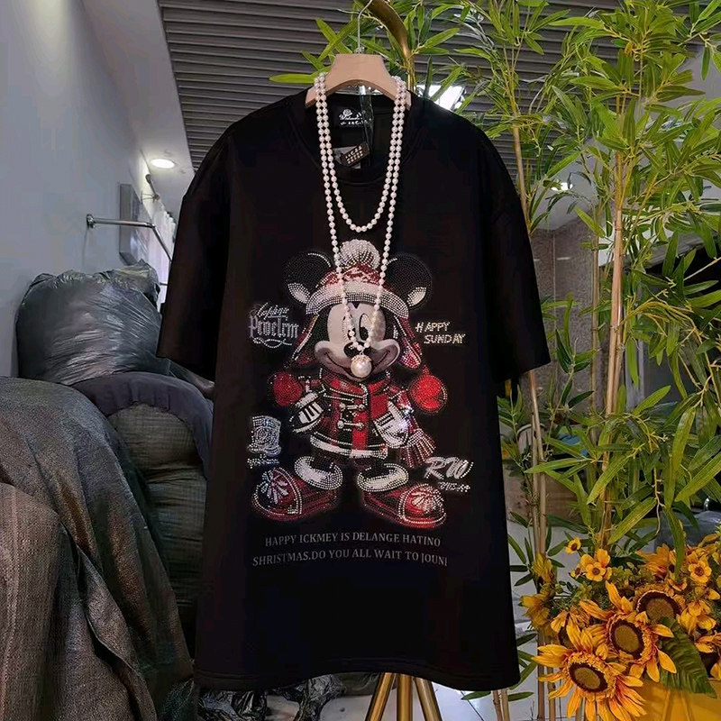 新款大码女装卡通烫钻短袖上衣