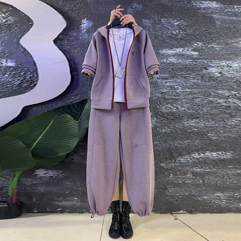 遮肉大码女装连帽外套胖mm显瘦抽绳束脚裤两件套2026春季新款套装,女装/女士精品,大码套装,淘宝优惠券,粉丝福利购,淘宝优惠卷