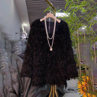 大码 时尚 秋冬新款 洋气减龄长袖 遮肉宽松上衣胖mm 流苏毛毛T恤大码