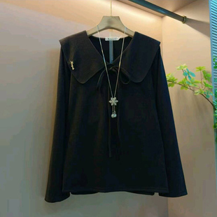 胖mm时尚 新款 女装 大码 洋气百搭显瘦上衣女 甜美减龄娃娃领系带小衫