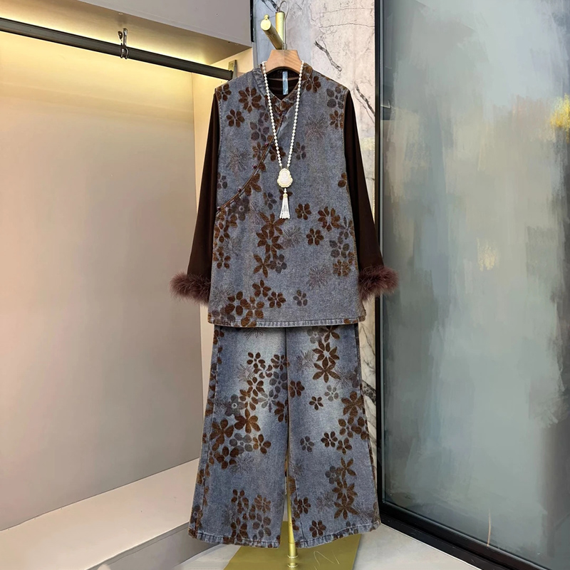 复古提花气质牛仔马甲内搭裤子新