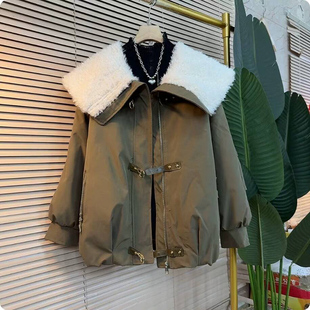 女装 欧洲站羔毛大翻领纽扣机车风大码 加厚保暖棉服外套 爆款 秋冬季