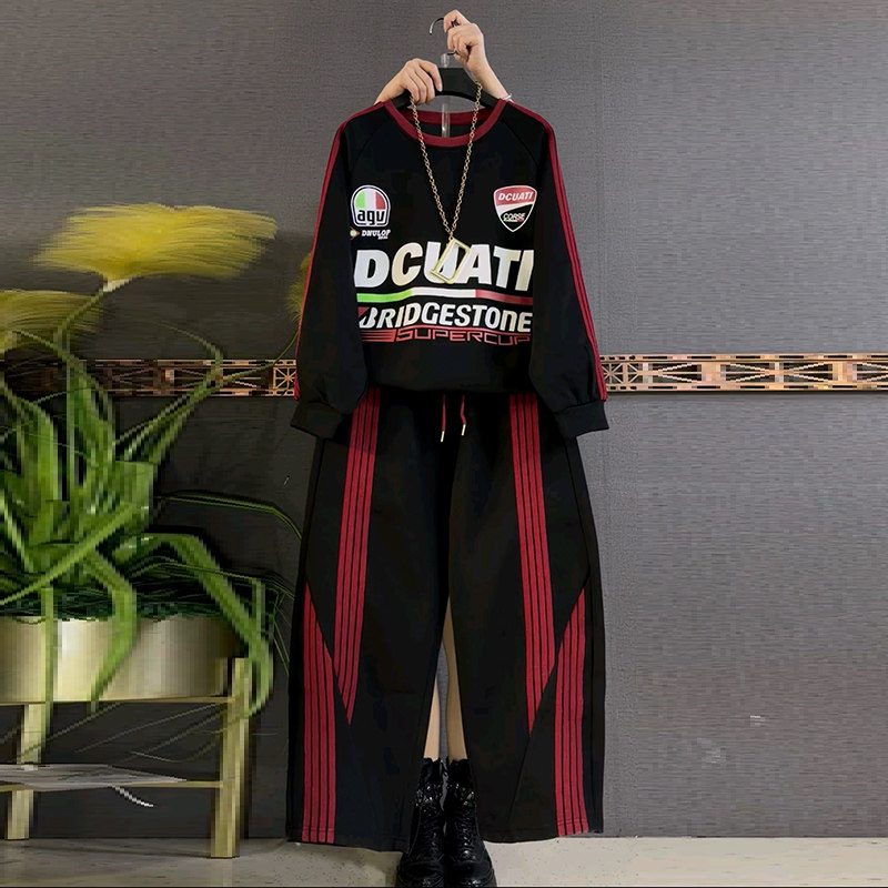 大码女装字母条纹拼色卫衣套装运动风显瘦新款上衣裤子时尚两件套,女装/女士精品,大码套装,淘宝优惠券,粉丝福利购,淘宝优惠卷