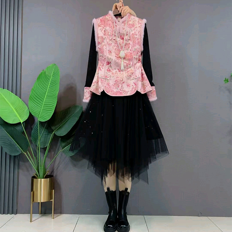 复古盘扣马甲内搭半裙套装