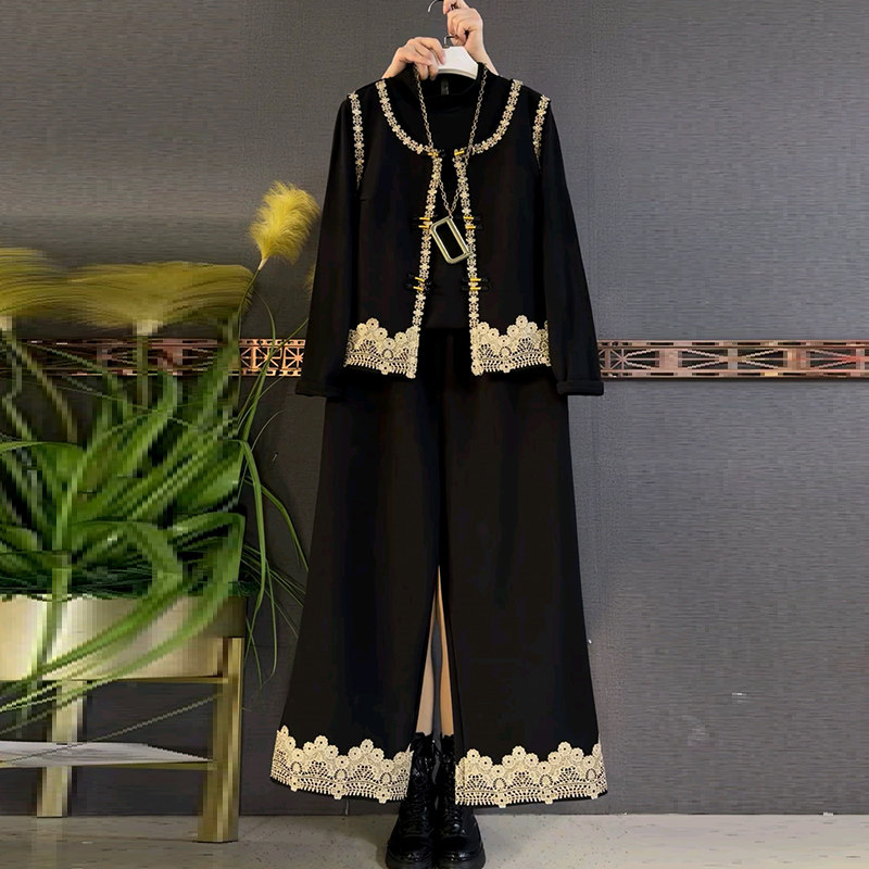 时尚大码女装蕾丝拼接阔腿裤马甲两件套2026春季新款复古马夹套装,女装/女士精品,大码套装,淘宝优惠券,粉丝福利购,淘宝优惠卷