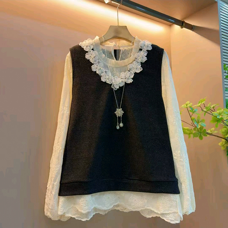 立体花朵马甲大码女装打底衫套装