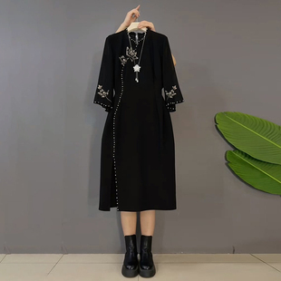 胖mm大码女装2026春季新款时尚优雅显瘦重工钉珠中长款旗袍连衣裙