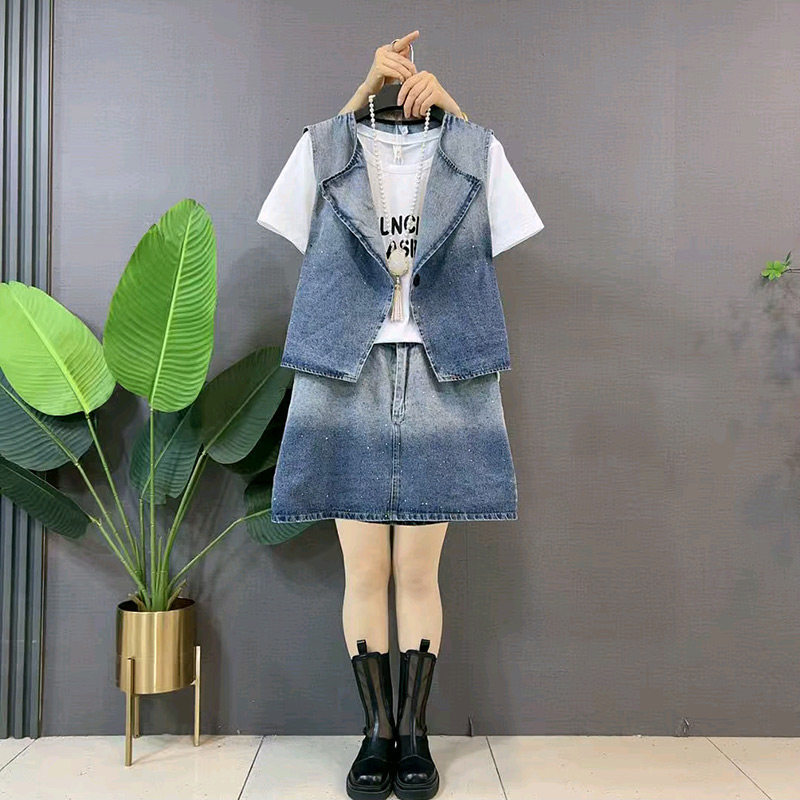 重工烫钻设计感牛仔马甲半身裙大码女装胖妹妹休闲百搭字母半袖衫