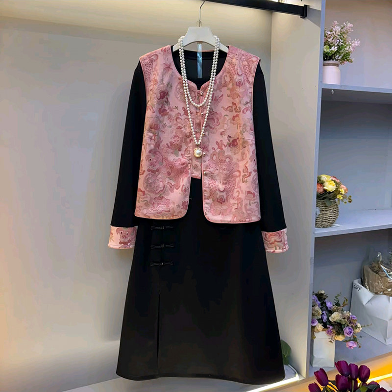 国风马甲拼接盘扣连衣裙大码女装