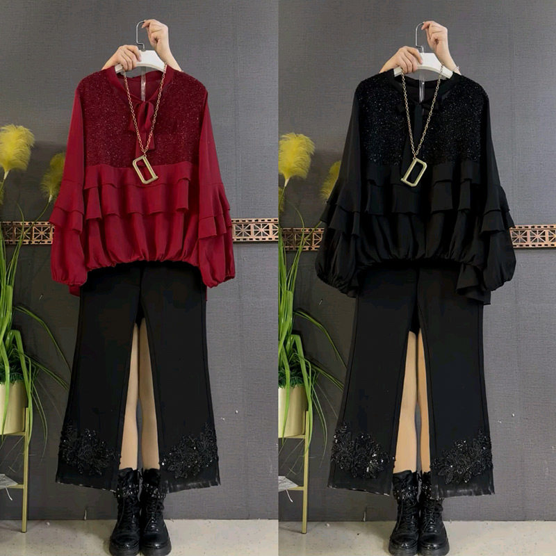 大码女装新款拼接飞飞边女人衫百搭松紧腰裤子套装胖mm显瘦两件套,女装/女士精品,大码内搭,淘宝优惠券,粉丝福利购,淘宝优惠卷