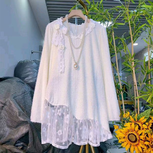 女装 胖妹妹大码 冬季 新款 上衣女 奶呼呼韩版 拼接蕾丝长袖 减龄打底衫