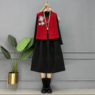 百搭半身裙套装 新款 珠花马甲胖mm打底衫 女装 女 胖mm复古高级感大码