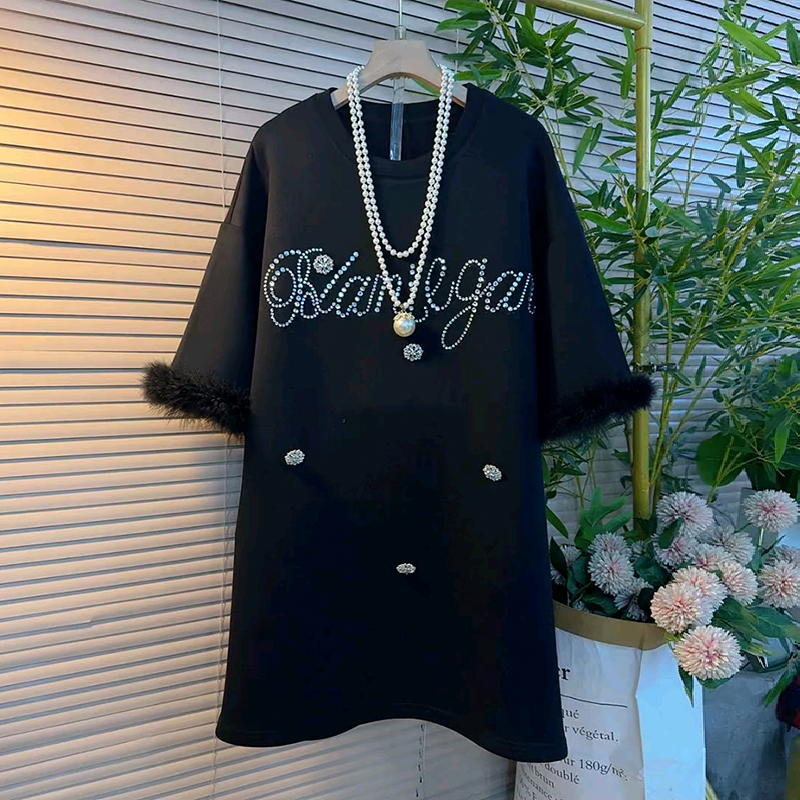 重工订钻毛毛袖口宽松遮肉大衫裙