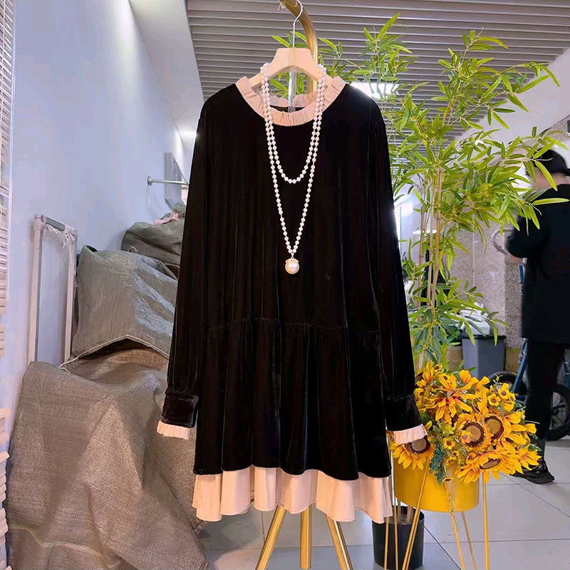 秋季新款欧韩时尚丝绒拼接连衣裙
