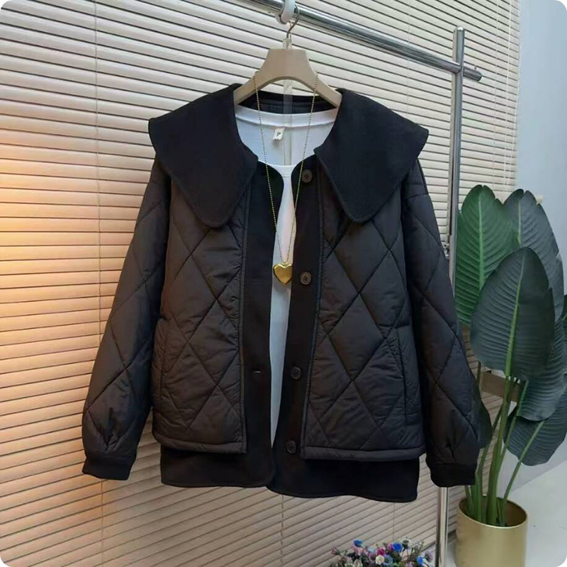 新款韩版简约菱格娃娃领棉服外套