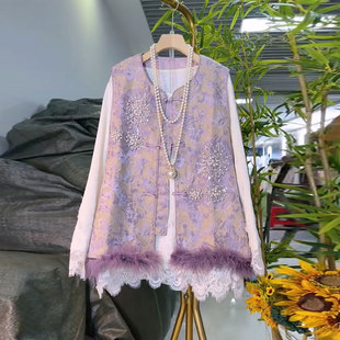 2026春季新款新中式国风重工艺毛边马甲大码女装胖mm百搭打底衫女