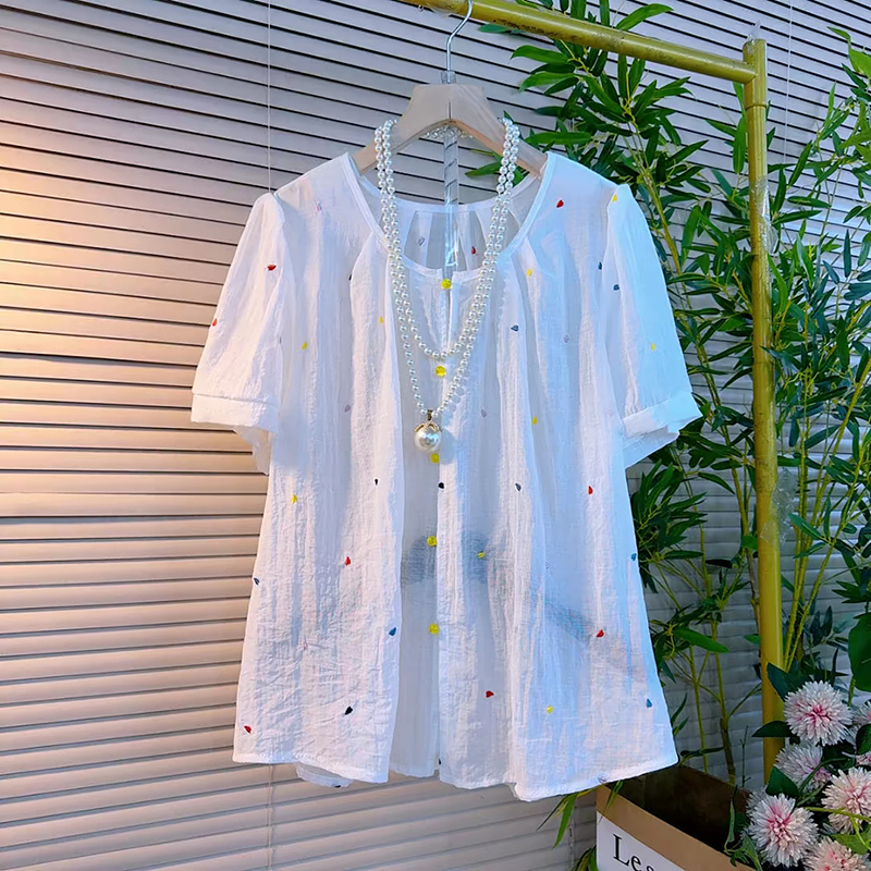 夏季大码女装韩系掐褶刺绣短袖衫