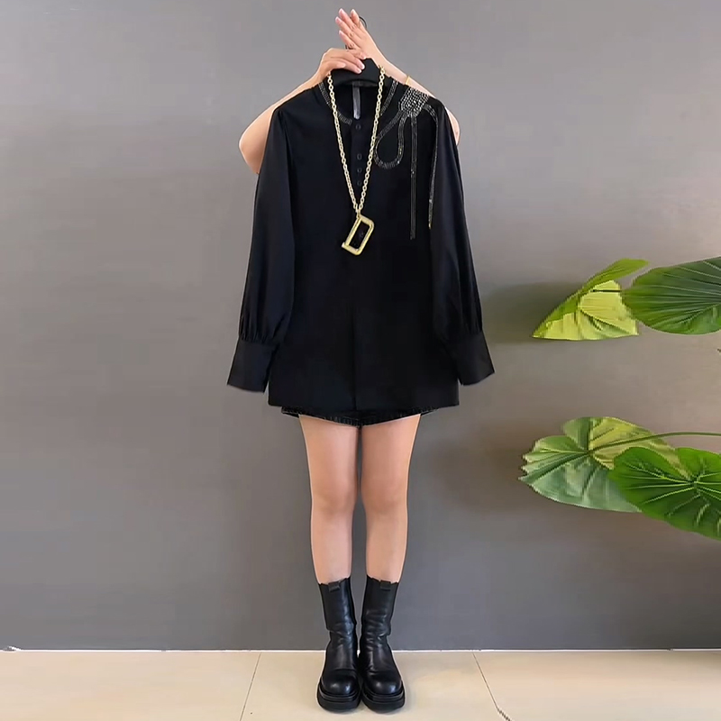 立领纽扣简约百搭烫钻气质衬衫