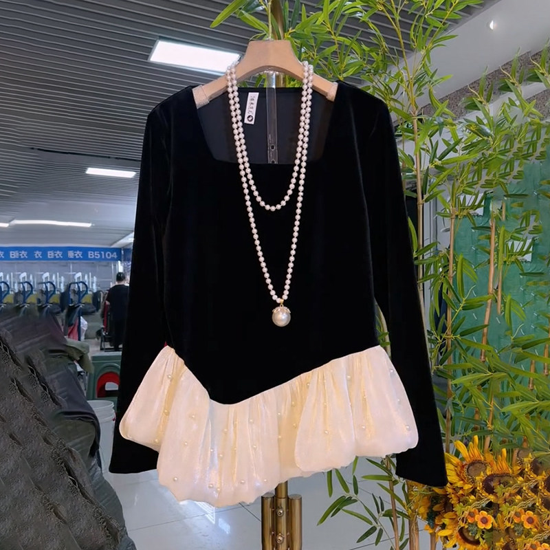 胖妹妹大码女装春季2026新款时尚钉珠不规则底摆拼接方口领丝绒衫,女装/女士精品,大码内搭,淘宝优惠券,粉丝福利购,淘宝优惠卷