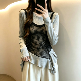 大码女装2026秋季胖妹妹蕾丝假两件长袖上衣显瘦不规则打底衫女款