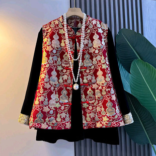 女装 胖妹妹国风葫芦花纹盘扣双兜马甲拼袖 新年马夹大码 新款 钉珠衫