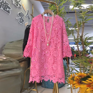 新款 女装 欧货时尚 大码 胖mm洋气上衣女 钉珠镂空蕾丝女人衫 2026夏季