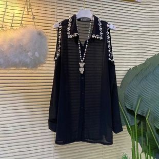 纯色重工钉珠露肩雪纺衬衫 胖妹妹2023春季 女装 大码 宽松上衣 新款