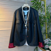 复古盘扣拼色挽袖 胖mm2026春季 女装 大码 水洗pu皮显瘦百搭外套 新款